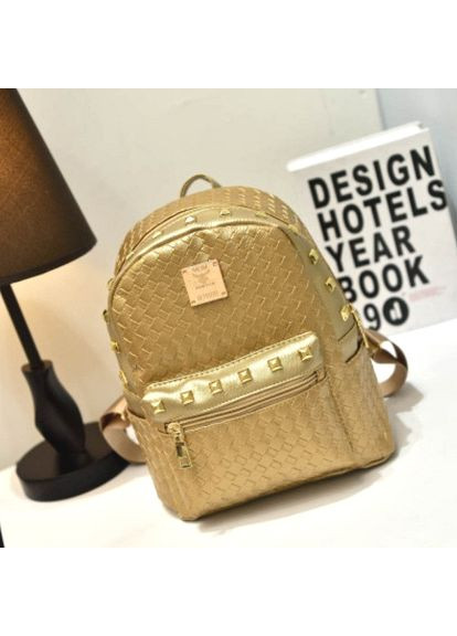 Жіночий плетений міні рюкзак з шипами золотистий екошкіряний рюкзак для прогулянокний міський рюкзак ProDobro (363136183)