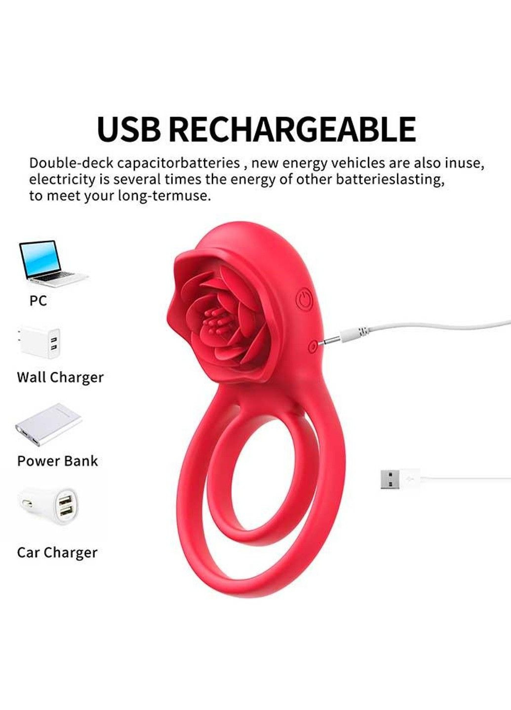 Червоне подвійне ерекційне кільце з вібрацією "Hgod Rose" USB No Brand (288538667)