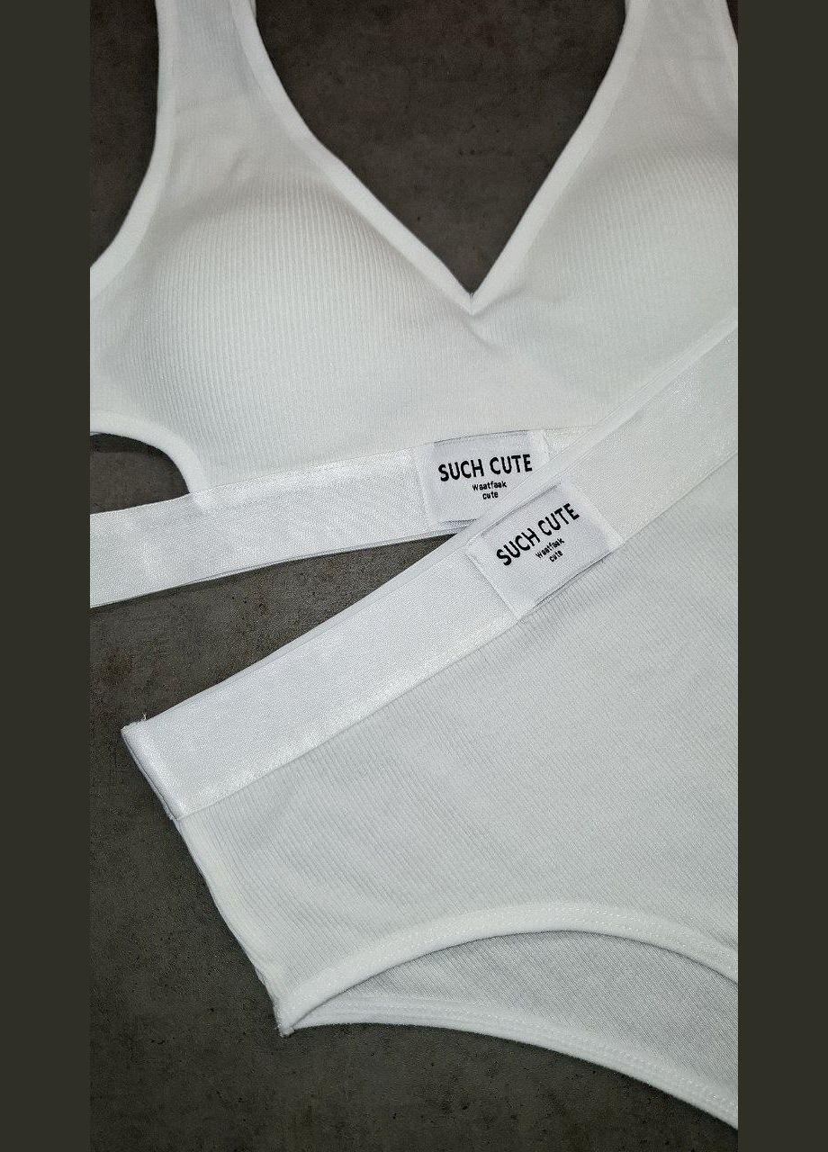 Белый демисезонный женский базовый комплект нижнего белья из рубчика со съемными чашками – топик и трусики, универсальный размер No Brand