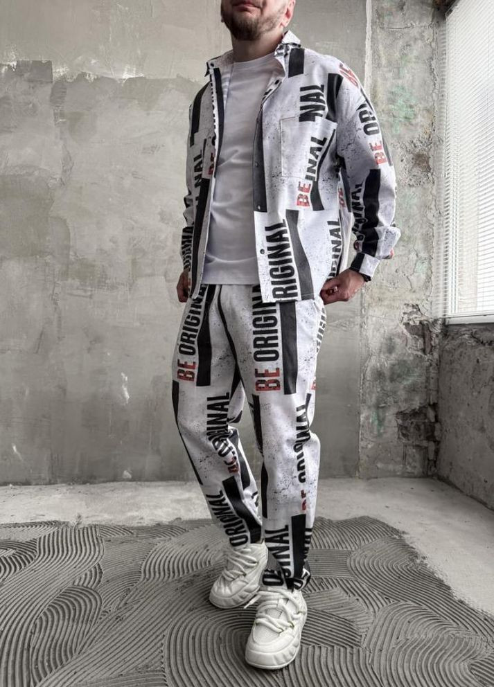 Білий демісезонний костюм котоновий сорочка штани оверсайз стильний принт весна осінь No Brand