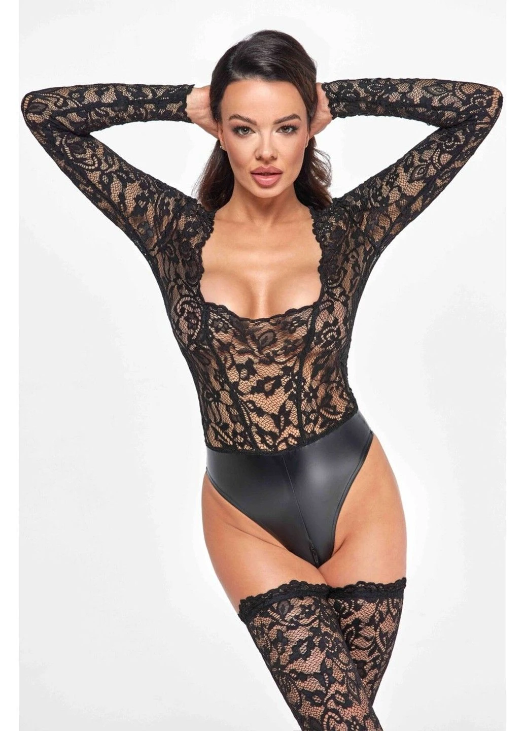 Боди F296 Psyche bodysuit of lace and wetlook - XL Noir Handmade (296034811)