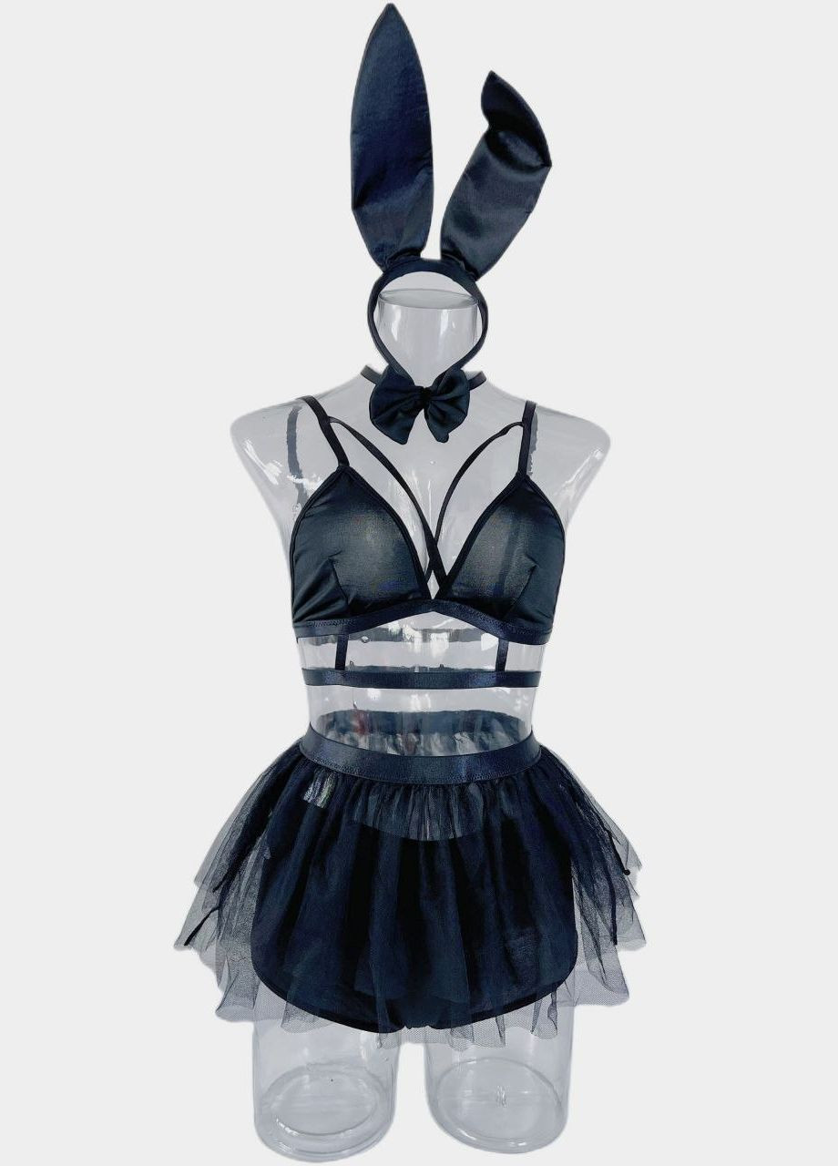 Чорний демісезонний комплект білизни black heart для рольових ігор вушка бюстгальтер спідничка трусики-шортики No Brand Комплект для рольових ігор Black Heart (зайка) чорний