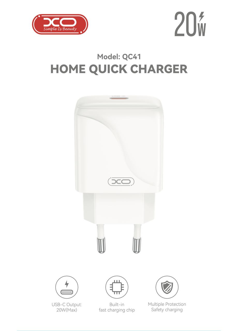 Зарядное устройство QC41 20W Single USB-C Fast Charger XO (362915296)