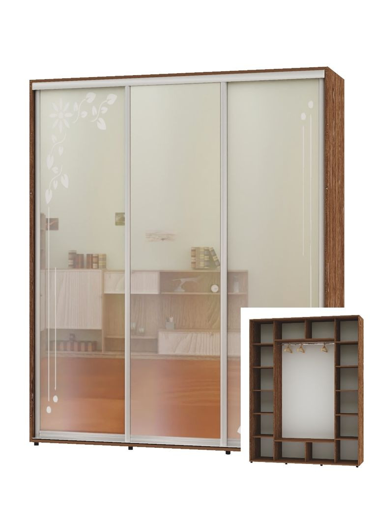 Шкаф-купе трехдверный 210*60*230 Дуб винтаж 2 Зеркала с пескоструйным рисунком/Зеркало ШК-05 Алекса (360479012)
