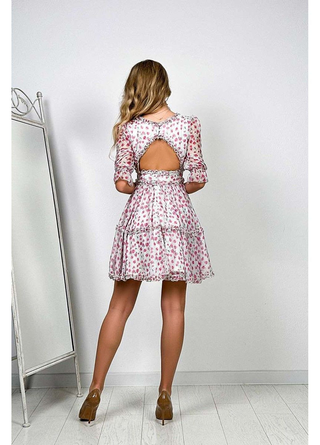 Молочна шифонова сукня квітковий принт 24016 молочна Tanita-Romario