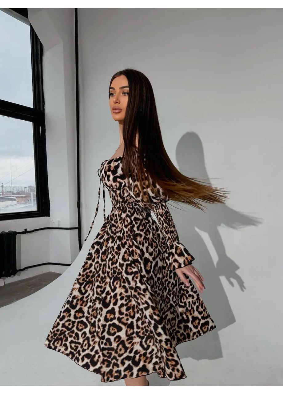 Комбінована cукня міді з принтом біла квітка на зеленому No Brand