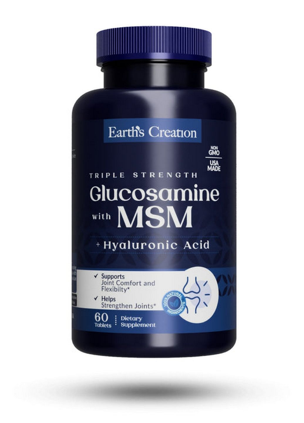 Препарат для суглобів та зв'язок Glucosamine MSM plus Hyaluronic Acid, 60 таблеток Earth's Creation (293340042)