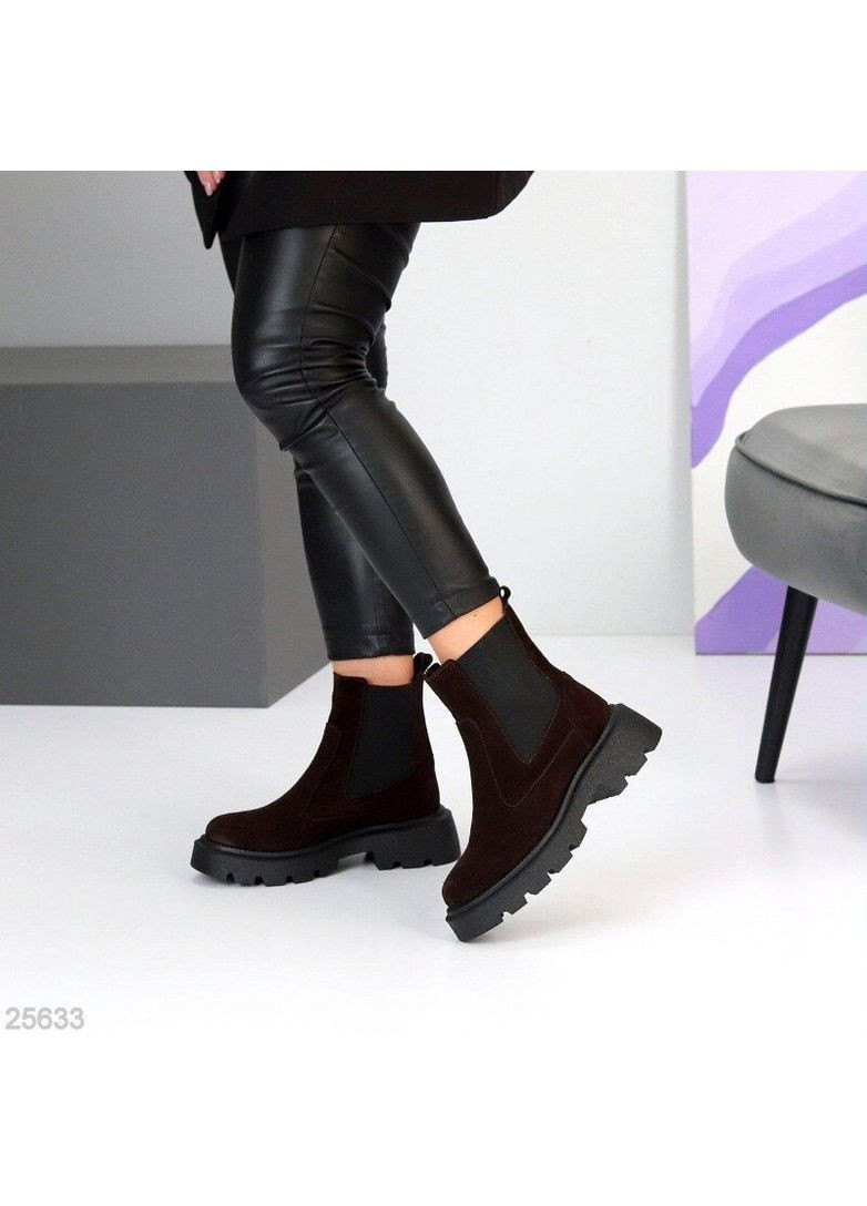 Зимние зимние замшевые шоколадные ботинки челси, зимние ботинки челси, ботинки шоколад код 25633 челси Garti без декора из натуральной замши