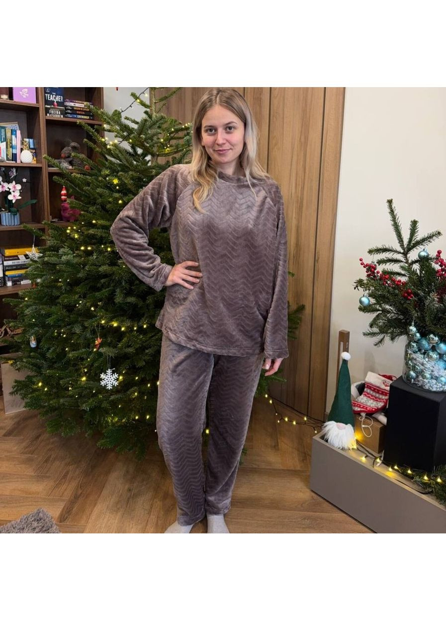 Светло-коричневая всесезон пижама (кофта+штани) женская теплая велсофт р светло-коричневая kpv3 Ananasko