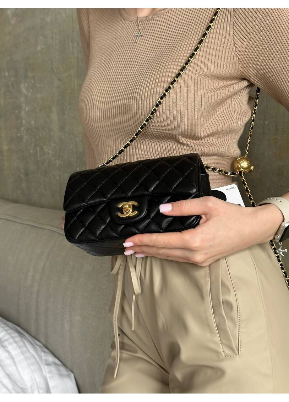 Шкіряна жіноча сумка Chanel Classic 1.55 Small Single Flap Black/Gold класична Шанель чорна на плече No Brand (367610513)