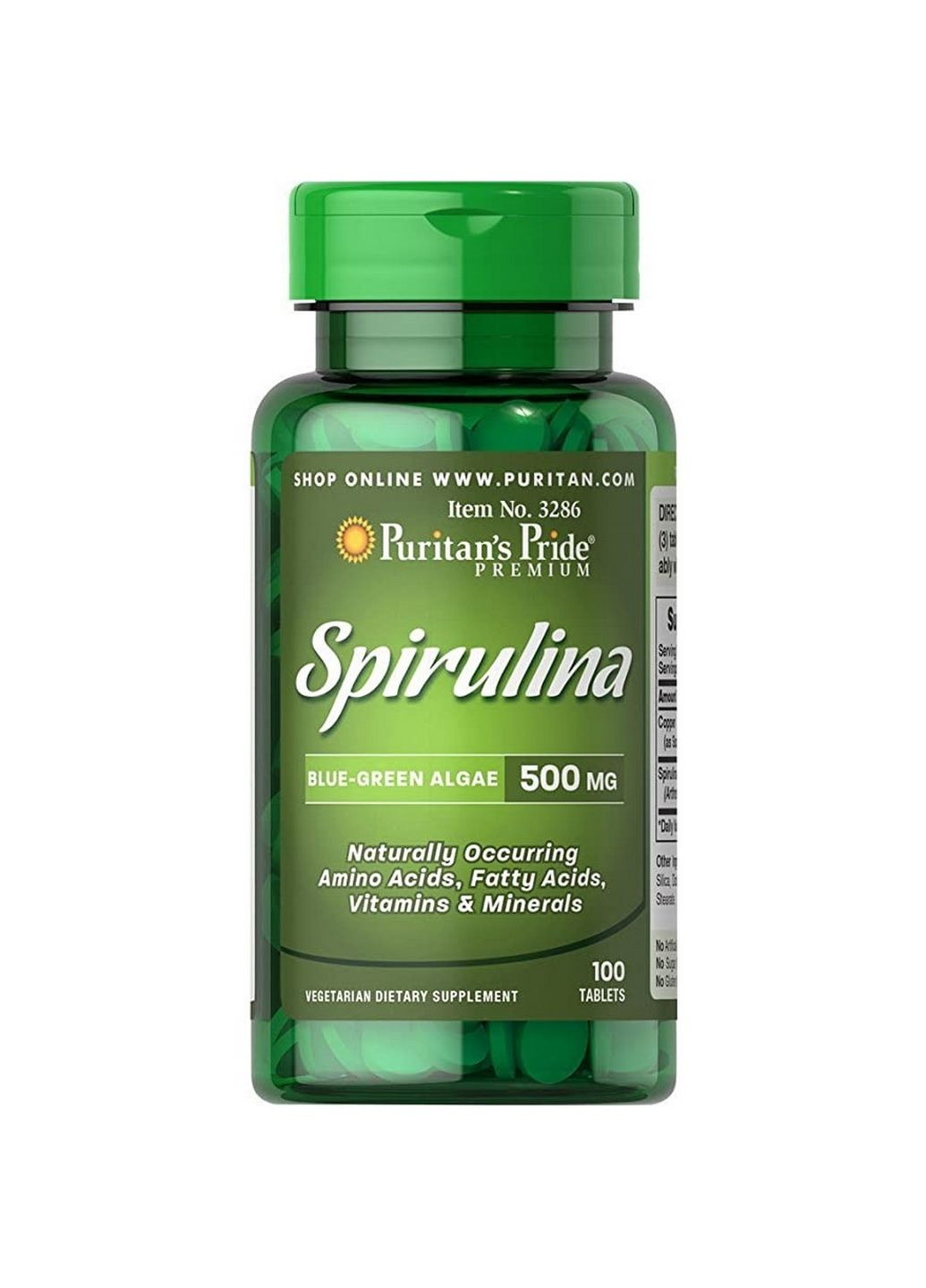 Натуральная добавка Spirulina 500 mg, 100 таблеток Puritans Pride (293340187)