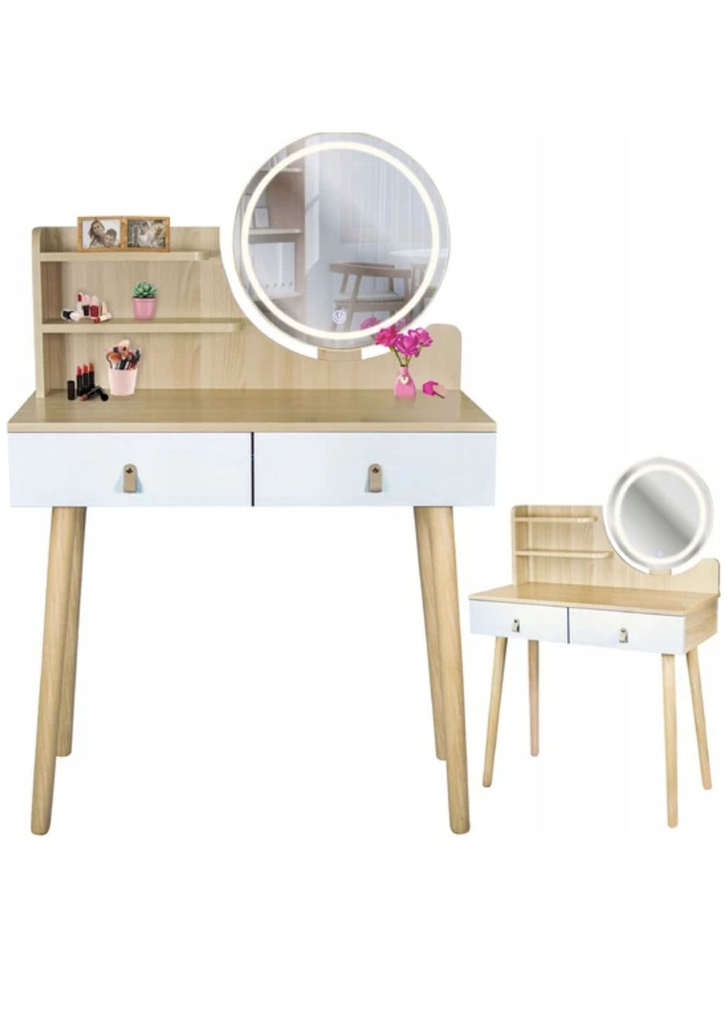 Туалетный столик Scandi LED подсветка, с ящиками, кожаные ручки, светлый бук Jumi (362027925)