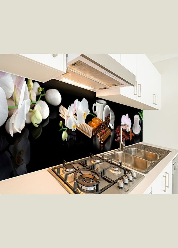 Наклейка на кухонный фартук, 60 х 300 см орхидеи и чашки кофе, с защитной ламинацией (БПs_fl11725-3) Декоинт (278290074)