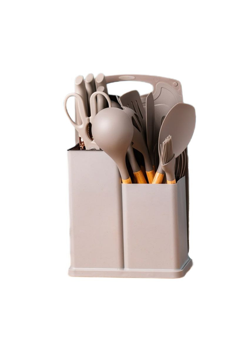 Набор кухонных принадлежностей на подставке 19 штук из силикона с бамбуковой ручкой, серый No Brand (290704494)
