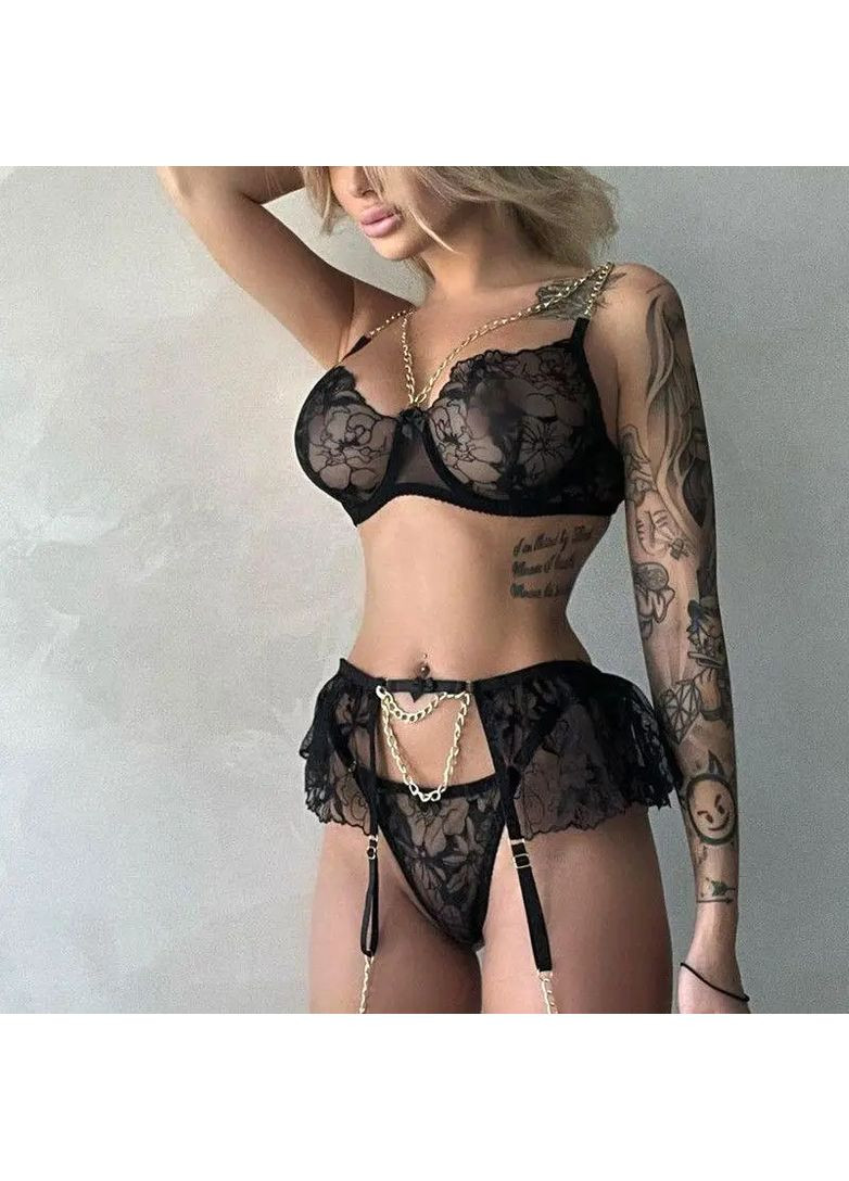 Черный демисезонный женский комплект liberta, комплект белья 3в1, женское кружевное белье для романтического вечера No Brand комплект Liberta чорний