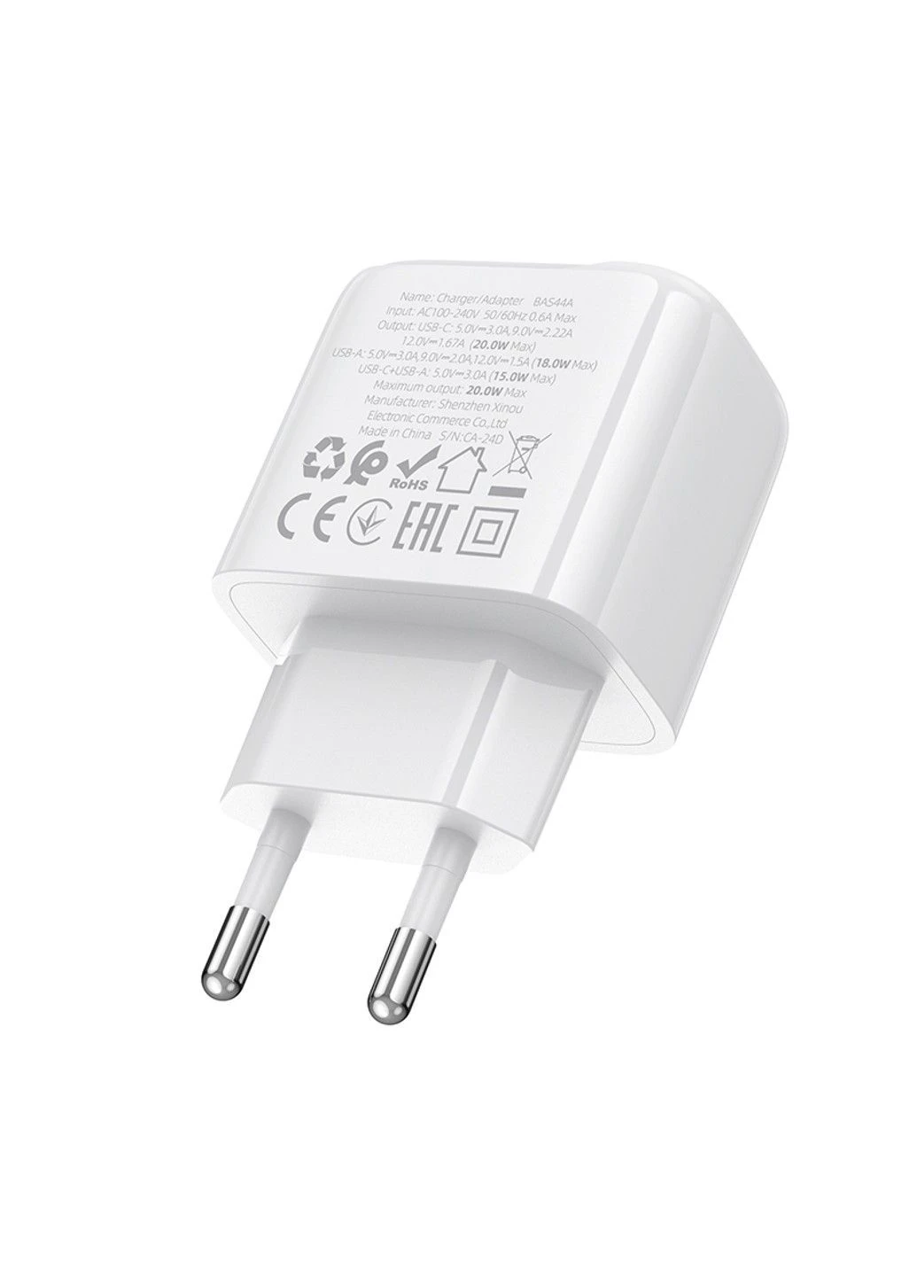 Сетевое зарядное устройство для BAS44A Potential PD20W+QC3.0 charger(EU) White Borofone (388529550)