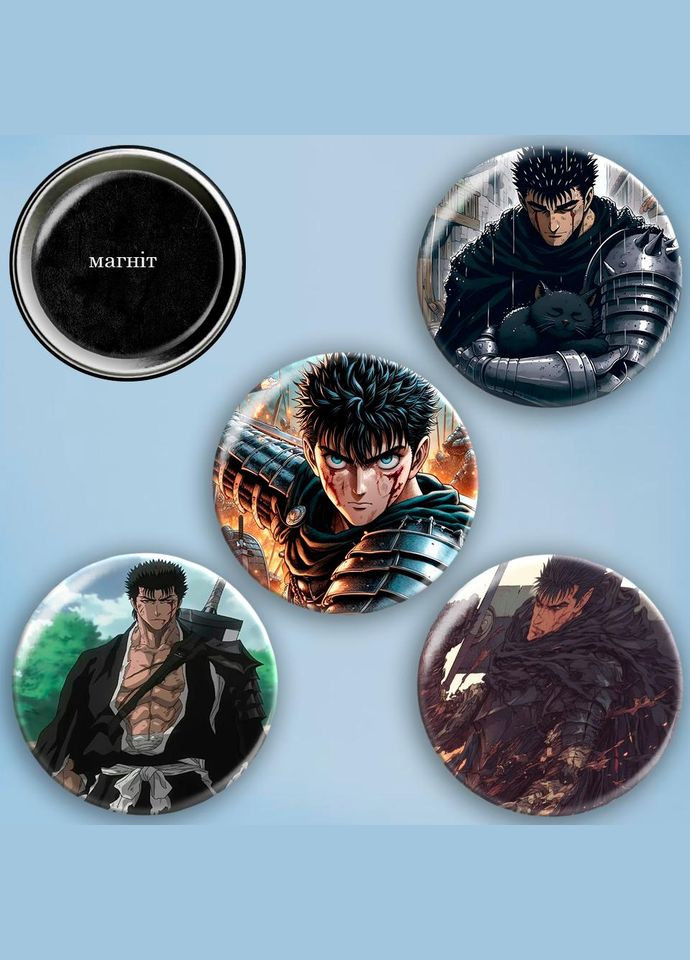 Фотомагниты 4 шт круглые магниты набор Берсерк 56 мм #014 черный No Brand (309152173)