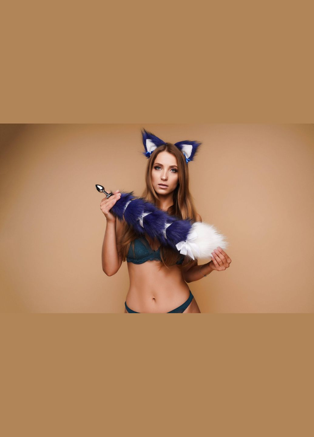 Анальний хвіст зі стрічкою без пробки, Синій з білим кінчиком, 50 см. OKOVA (315149113)