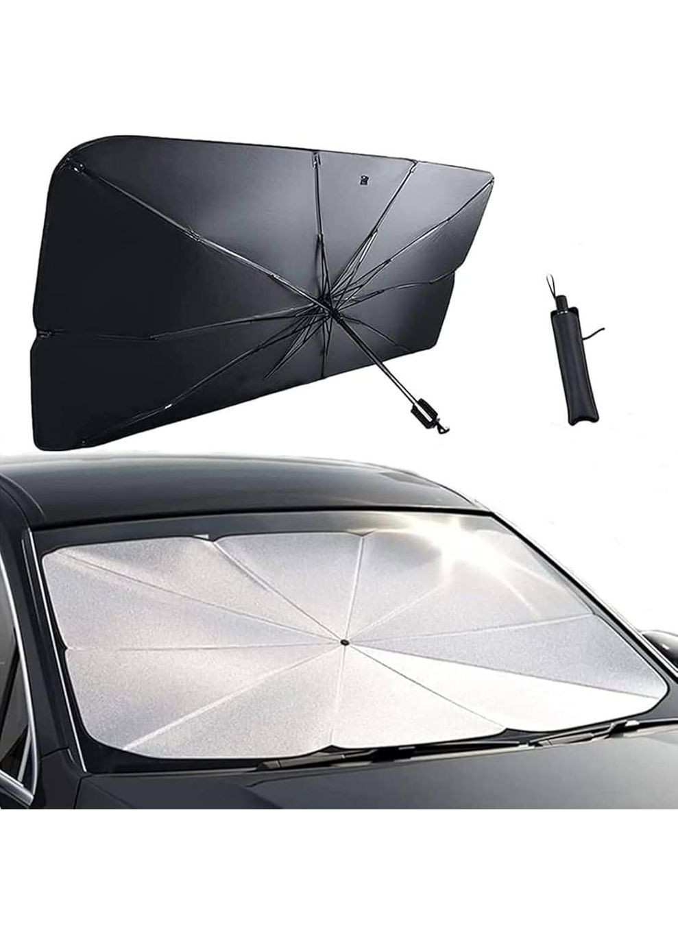 Автомобильный солнцезащитный зонт на лобовое стекло для авто машины 133×75 см, серебристый снаружи / черный внутри Po Fanu (351563217)