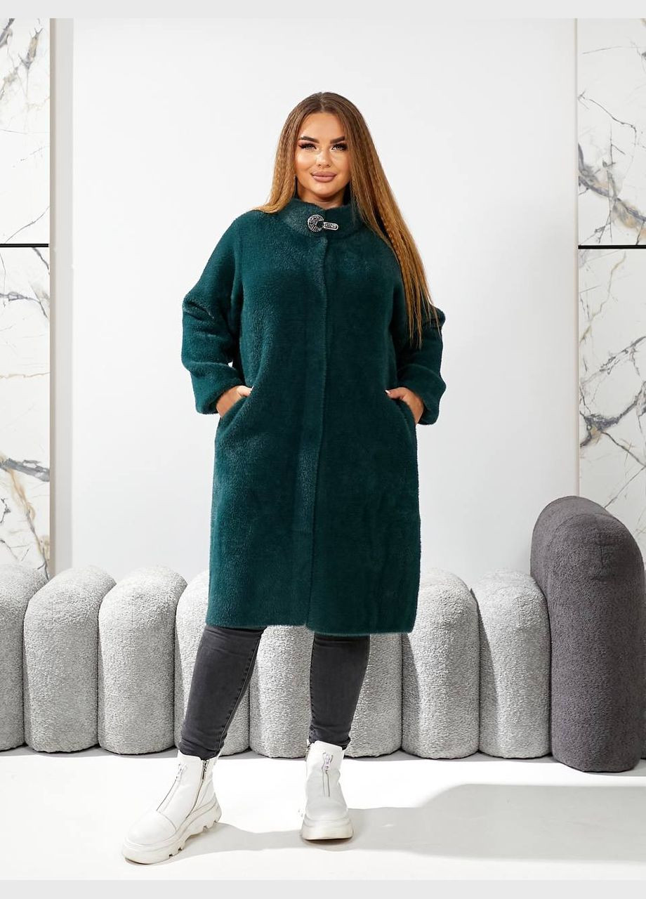 Темно-зеленое зимнее Удлиненное пальто из альпаки 50-56 размера оверсайз KVAN