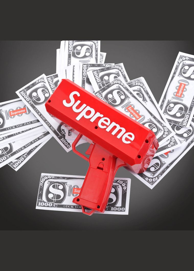 Пистолет который стреляет деньгами Supreme Money Gun купюромет пистолет денежный с батарейками и деньгами Красный No Brand (315025309)