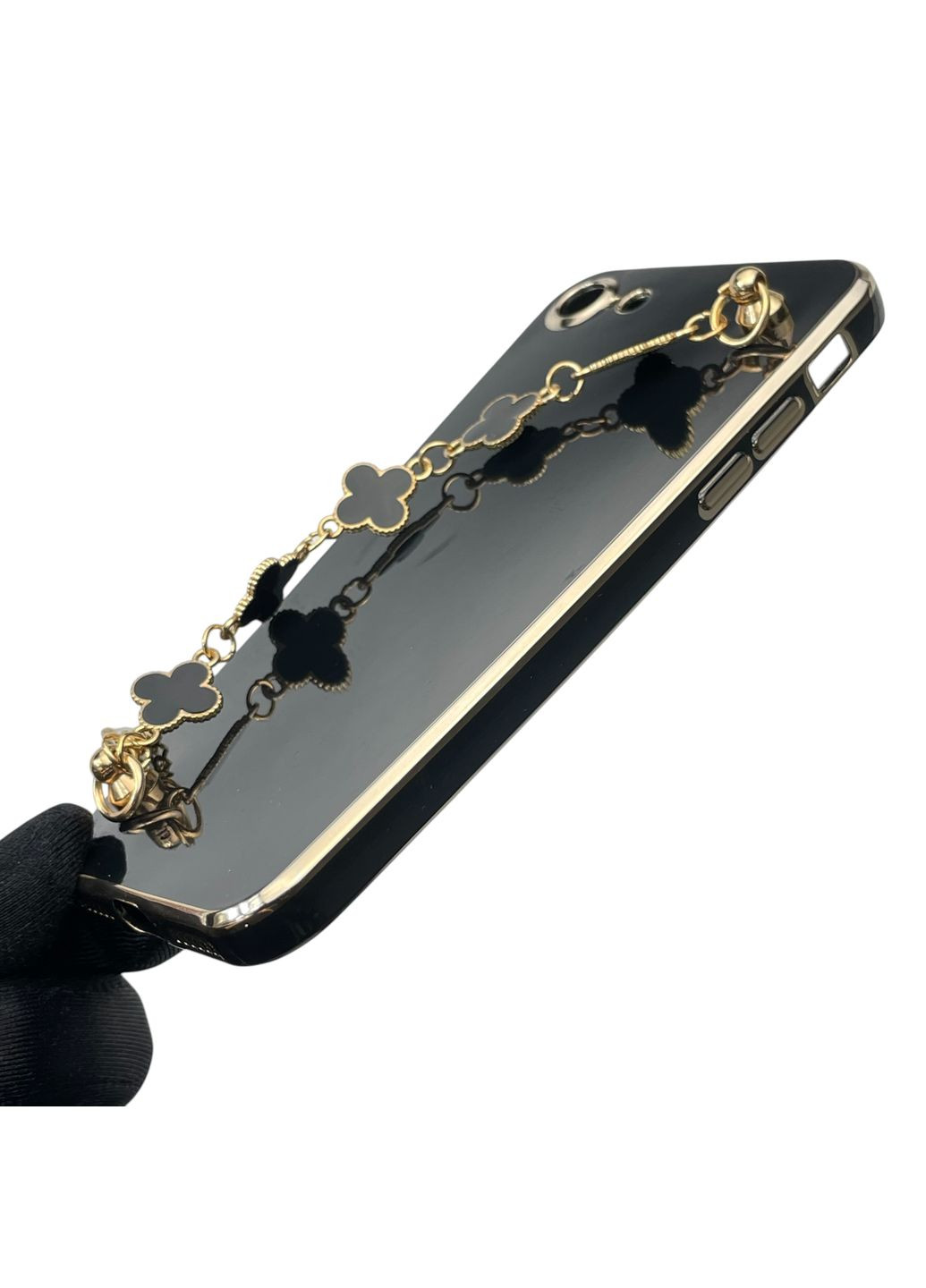Чохол для телефона iPhone SE 2020 жіночій із ремінцем з прикрасами та золотою окантовкою на айфон се 2020 чорний gs1 Apple (366228647)