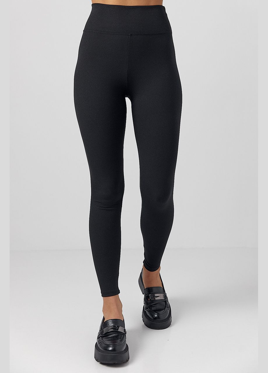 Черные демисезонные лосины из эластичного трикотажа в рубчик Lurex