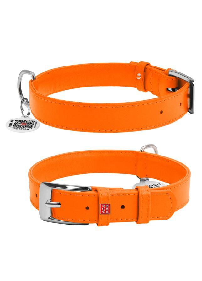 Ошейник для собак кожаный Glamour с QR паспортом, без украшений, M, Ш 20 мм, Длин 30-39 см оранжевый WAUDOG (322001615)