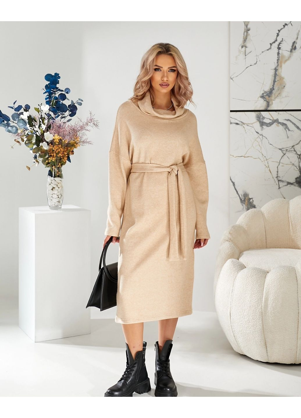 Бежевое повседневный женское теплое платье из шерсти (ll187070083) LadyLike