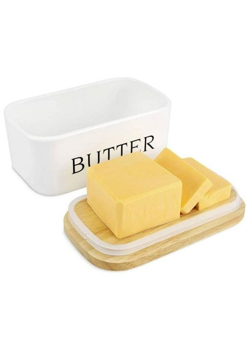 Маслянка керамічна 500 мл з бамбуковою кришкою та ножем для масла Біла Olens (349821201)