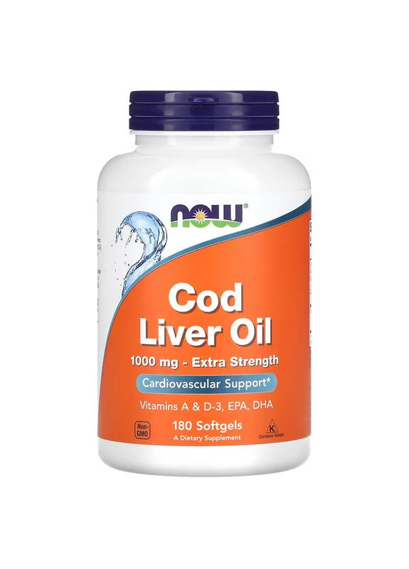 Рыбий жир из печени трески, Cod Liver Oil,, 1000 мг, 180 гелевых капсул Now Foods (362372084)