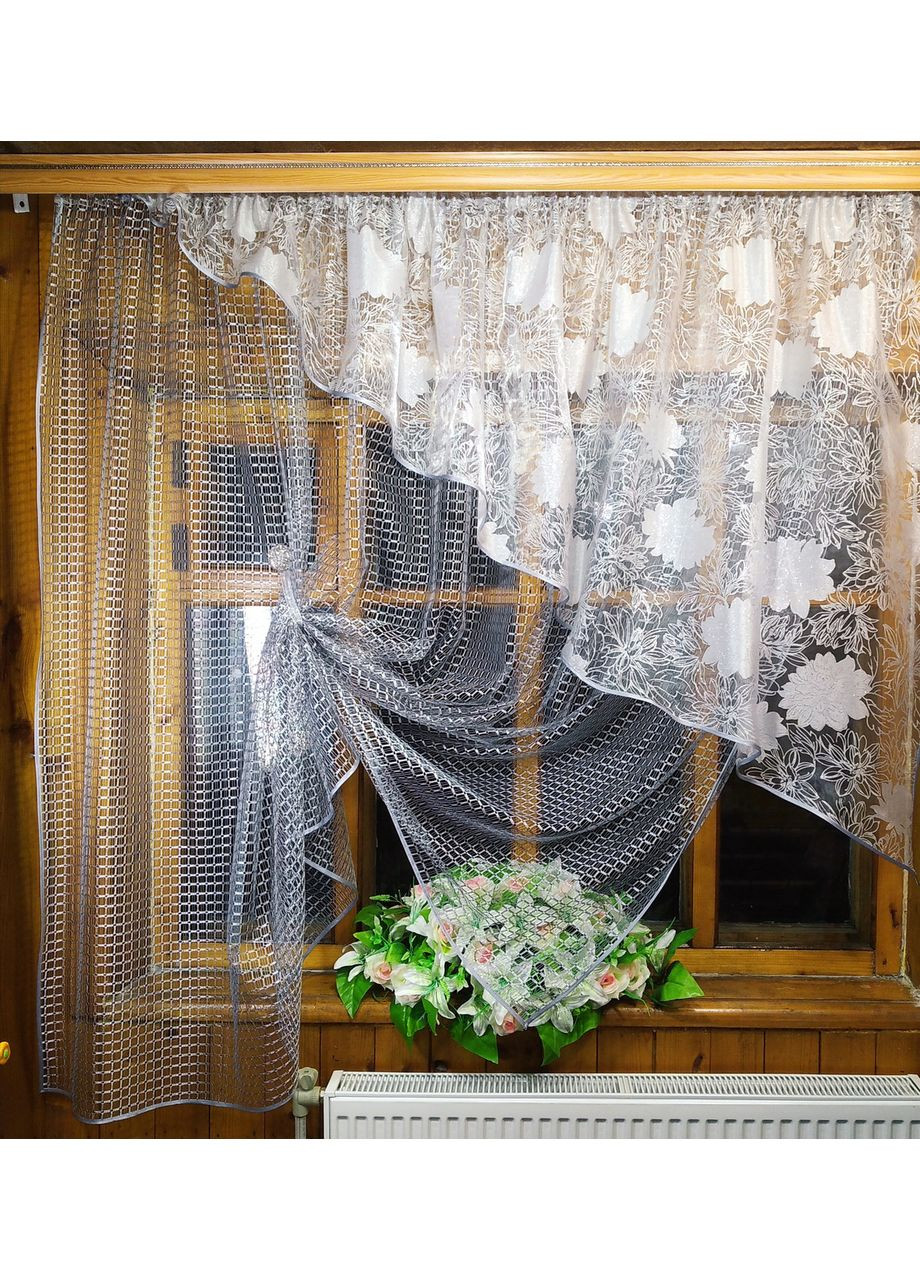 Готовая короткая занавеска Фаина серая серебристый цветок правая No Brand (372134056)