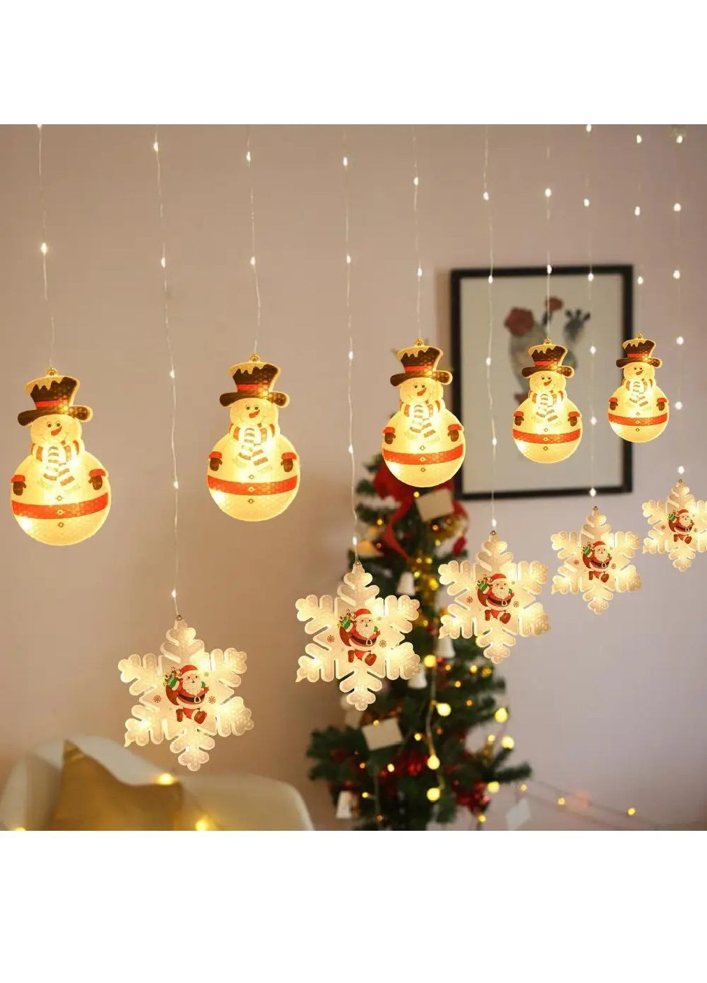 Гірлянда світлодіодна новорічна зі сніжинкою сніговиком роботою від мережі 220В 3х0,7 м 90 лампочок (482124-Prob) Тепла біла Unbranded (370688107)