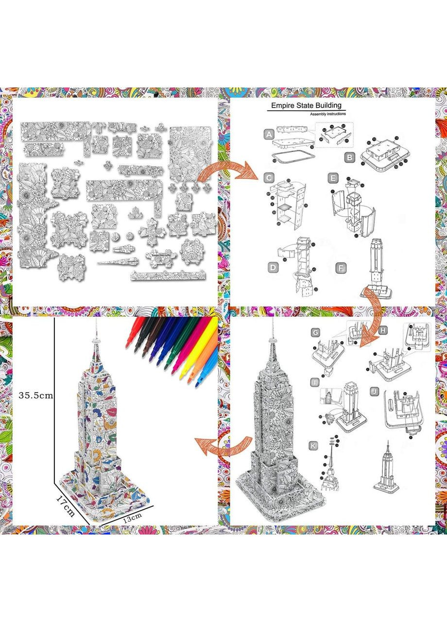 3D пазли для розфарбовування BYTOKI набір 9 моделей з фломастерами, дитячий креативний набір 5-12 років China (354827583)