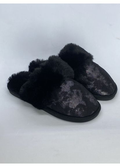 Черные шлепанцы домашние меховые Vira с глиттером