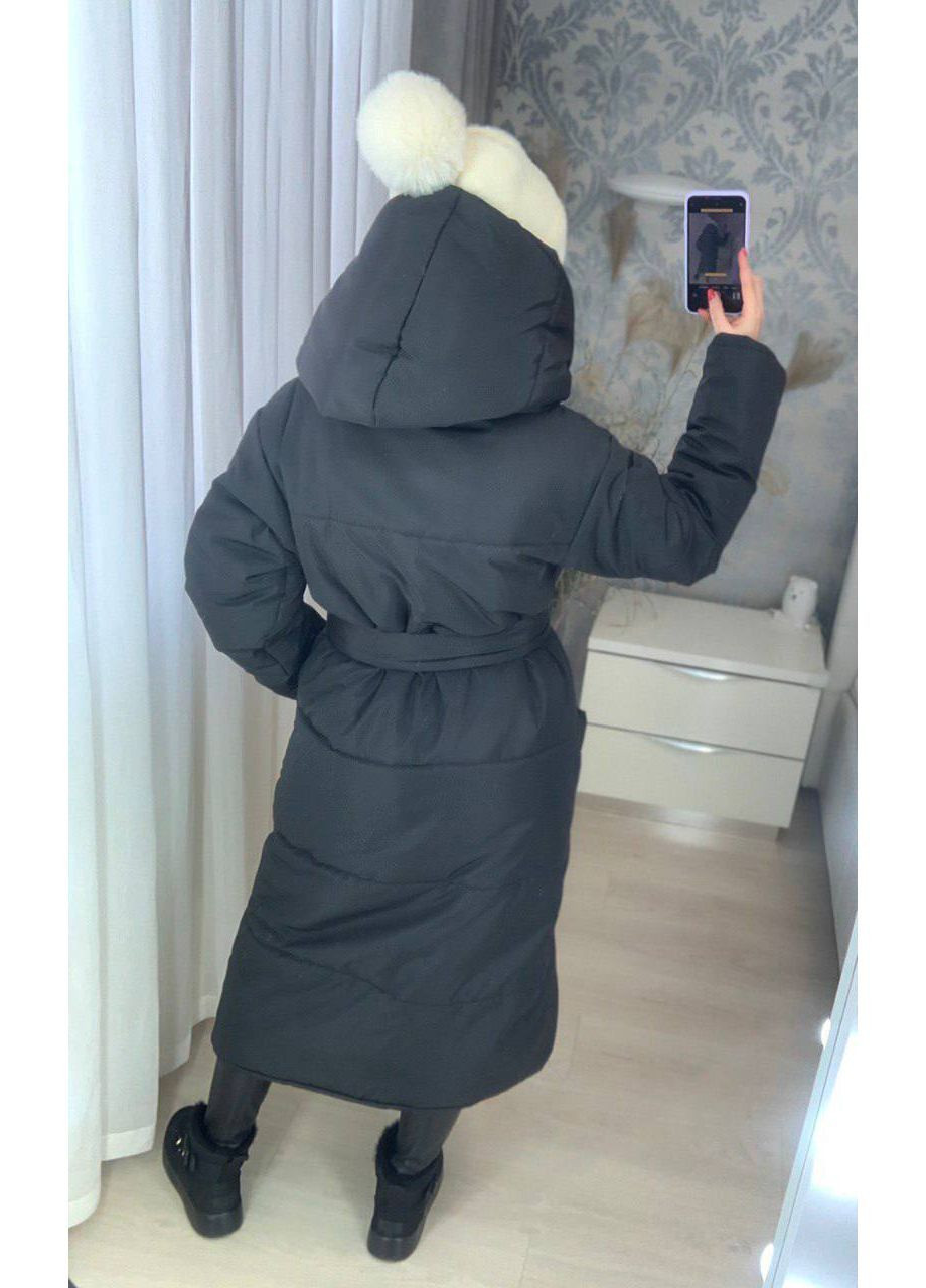 Чорна зимня жіноче зимове пальто-ковдра на запах з поясом куртка-ковдра MonCher