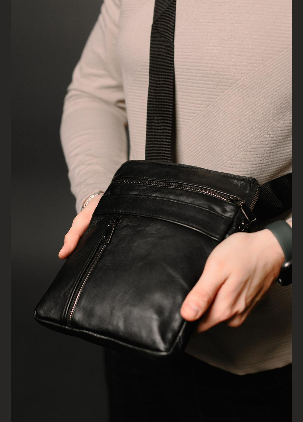 Сумка-месенджер із натуральної гладкої шкіри ST002 (Чорна) SKILL (324030635)