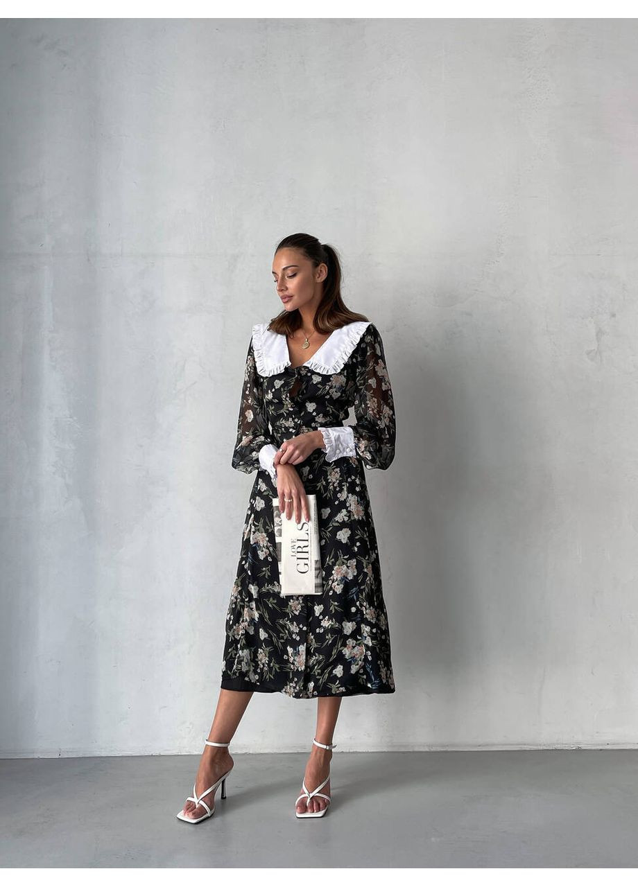 Чорна жіноча сукня venetta з білим комірцем iз квітковим принтом (mil516) milirud