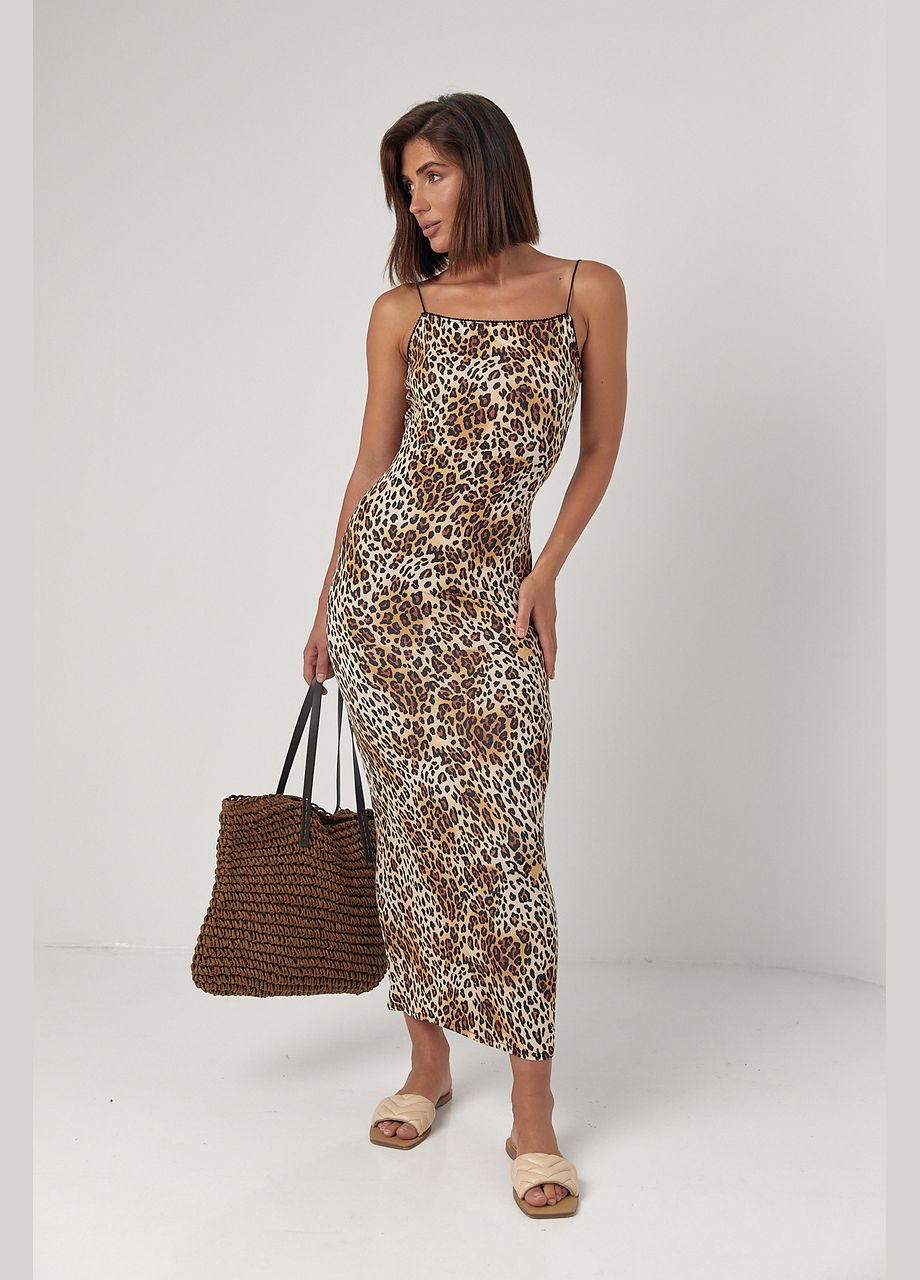 Коричневое повседневный леопардовый сарафан на бретелях-резинках коричневый цвет s с открытыми плечами No Brand леопардовый