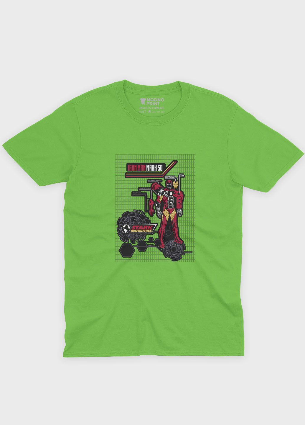 Салатова демісезонна футболка для хлопчика з принтом супергероя - залізна людина (ts001-1-kiw-006-016-014-b) Modno