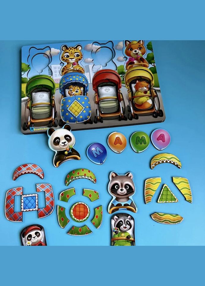 Деревянная настольная игра "Звери в колясках" Ubumblebees (ПСД176) PSD176 сортер-вкладыш No Brand (330607832)