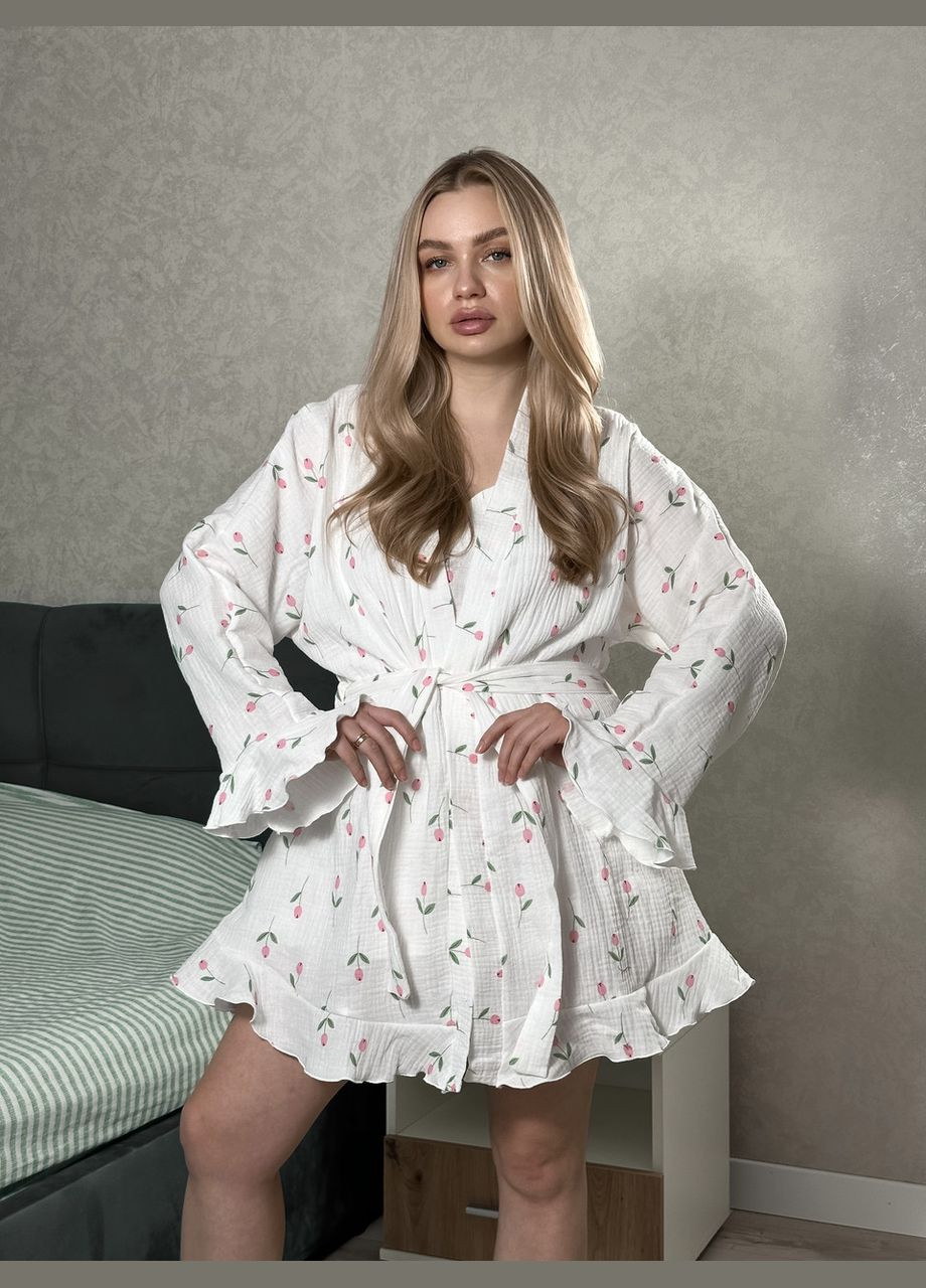 Подарочный набор муслиновая пижама майка и шорты, халат, косметичка и резинка для волос Тюльпан Maybel (322932256)