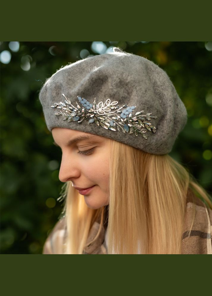 Берет сірий зі 100% вовни, вишивка ручної роботи, берет осінь-зима сірого кольору Ksenija Vitali (306559658)