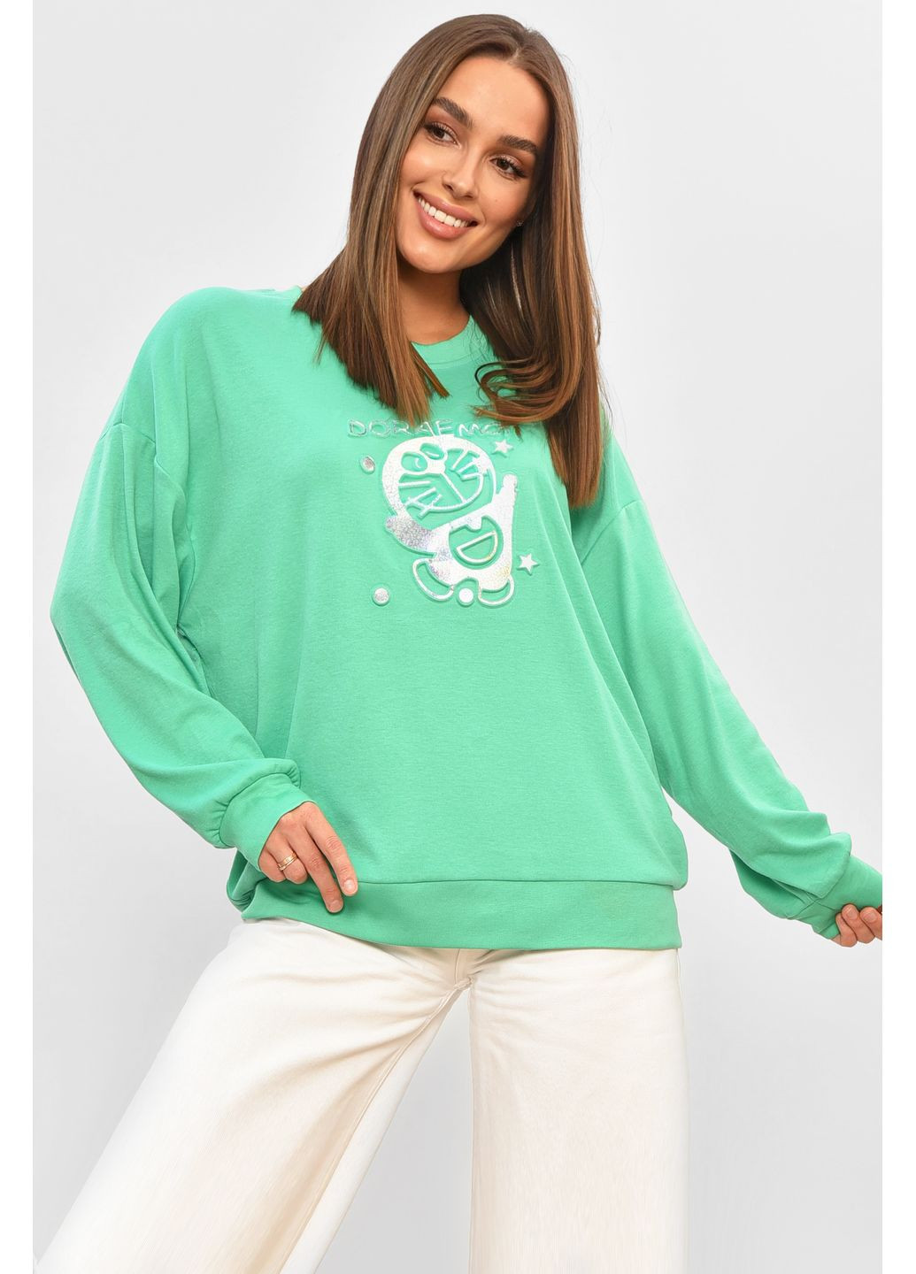 Зеленый свитшот женский полубатальный зеленого цвета Let's Shop однотонный без декора (350880072)