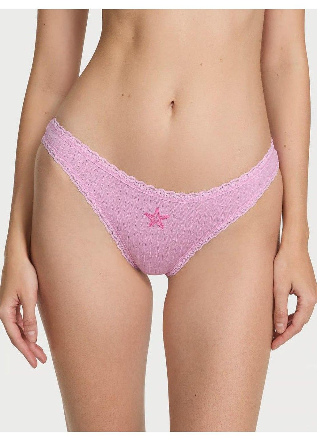 Трусики-стринги женские хлопковые The Lacie Cotton Lace-Waist Thong розовые Victoria's Secret (348142939)