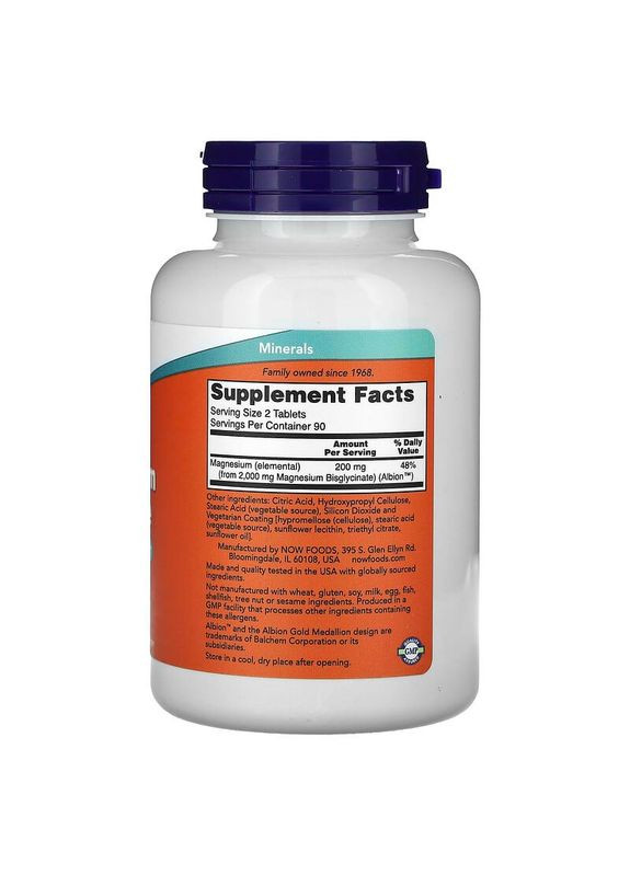 Магний глицинат 100 мг Magnesium Glycinate для здоровья нервной системы 180 таблеток Now Foods (292728029)