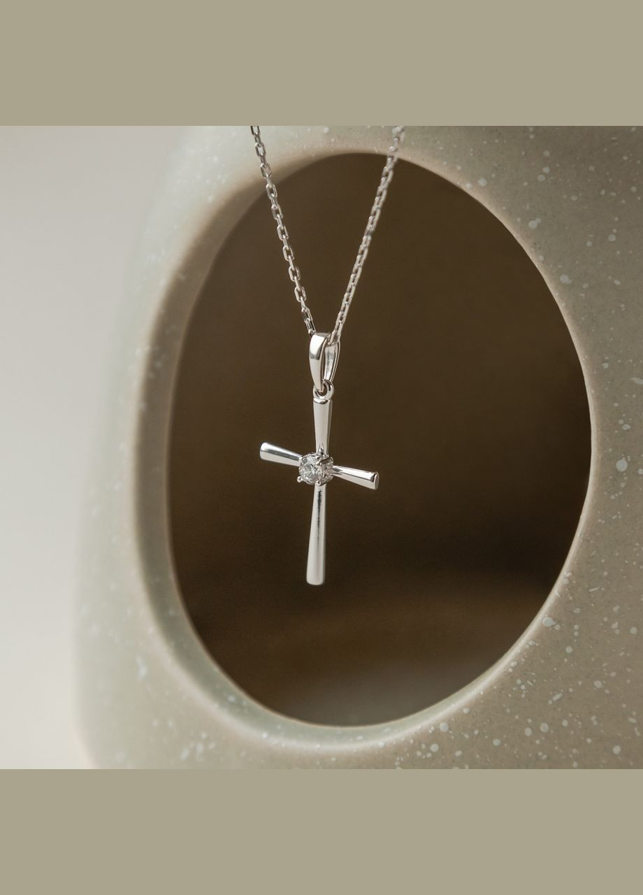 Хрестик срібний з одним білим фіанітом посередині No Brand (354721919)