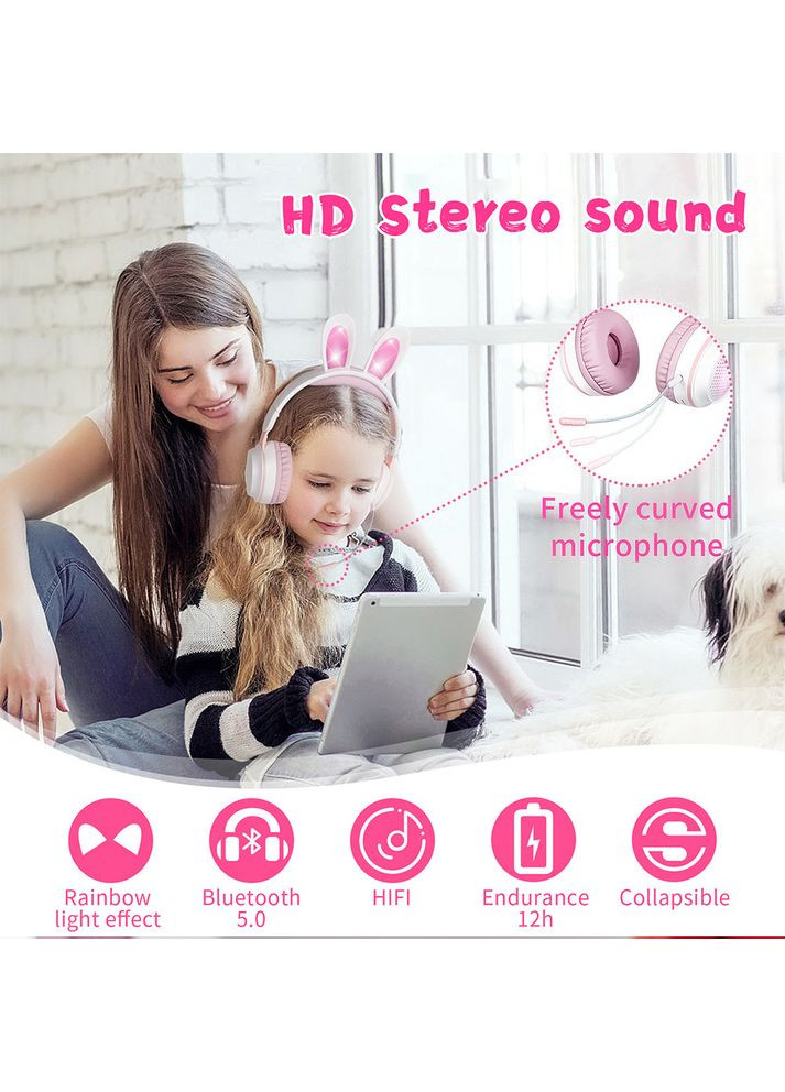 Беспроводные наушники с ушками кролика, микрофоном и LED-подсветкой KE-1 (Белая пудра) Atd (349824257)