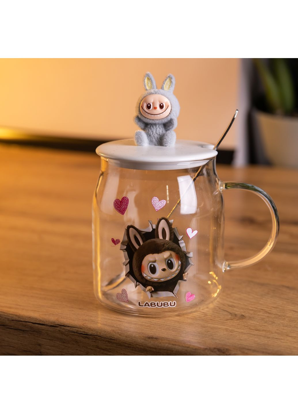 Чашка стеклянная Labubu 600 мл с ложкой и фарфоровой крышкой, серый Yiwu (367724702)