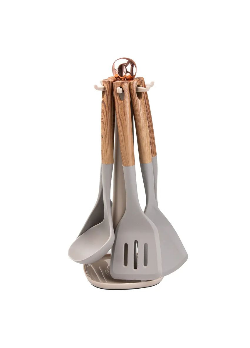 Набор кухонных принадлежностей на подставке 6 штук, дерево TS Kitchen серые,